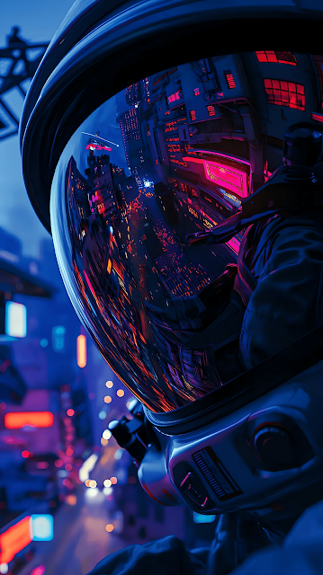 Neon Cyberpunk City Reflection in Astronaut Visor Close Up Art - Free mobile Wallpaper