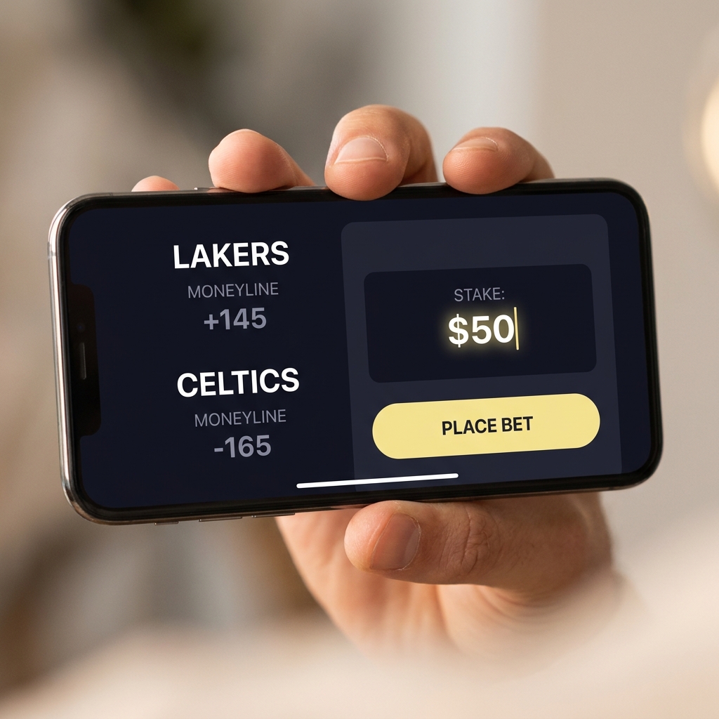 Close up of a smartphone showing a sports betting app with a highlighted moneyline price and stake input field What Is a Moneyline