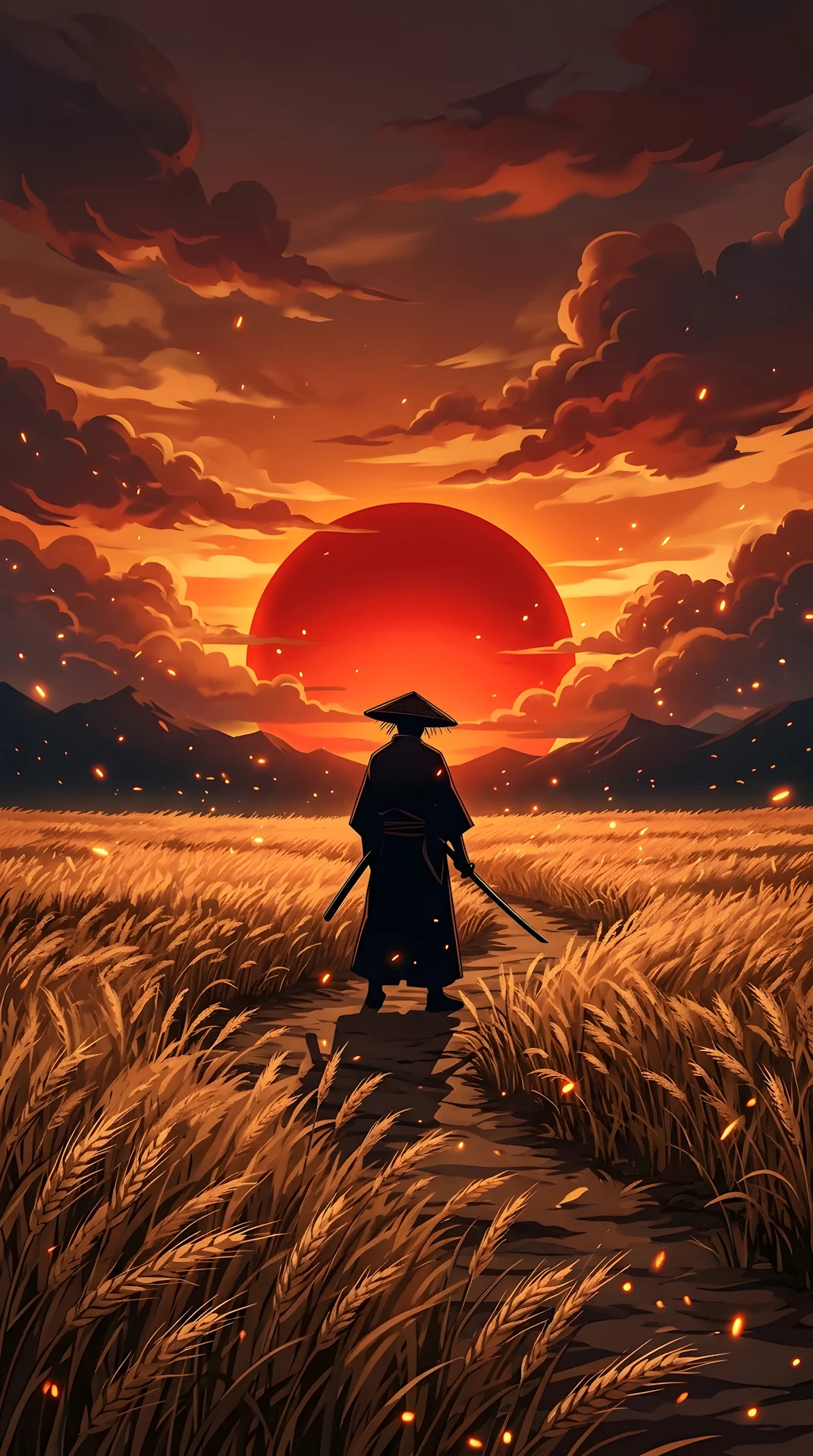 Anime Style Illustration of a Samurai at Sunset in a Wheat Field - Free 4K mobile Wallpaper