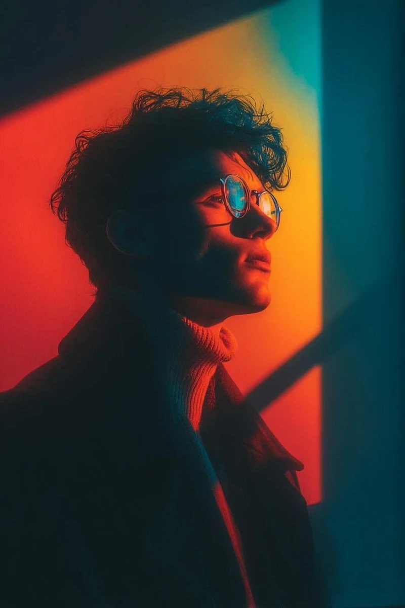 Retrato cinematográfico de una persona joven y elegante con gafas redondas, de pie junto a una pared iluminada por una luz intensa...