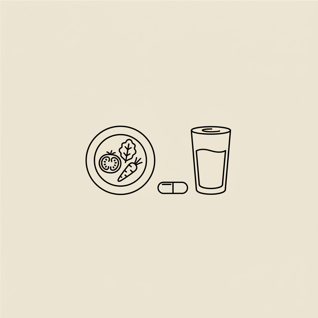 Minimalist Tonum-style line illustration of a plate with a small portion of vegetables, a capsule and a water glass on beige background — lumen score weight loss