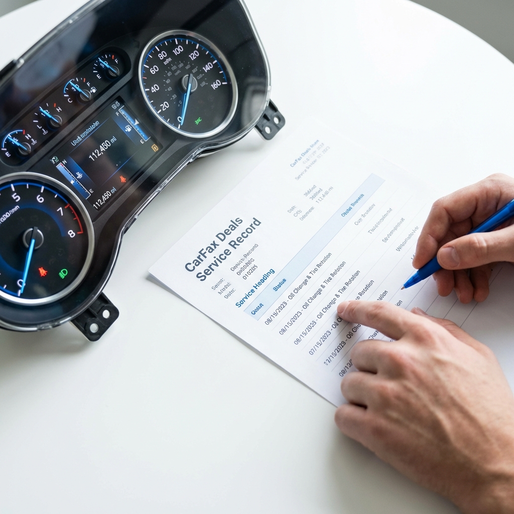 Close up of truck instrument cluster and service record sheet with hands pointing to entries clear readable text showing vehicle history dodge ram 1500 for sale