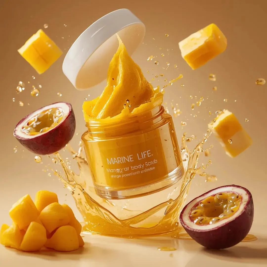 Una escena de fotografía de producto hiperrealista de alta calidad de un frasco de cosméticos transparente con la etiqueta "MARINE LIFE" mango...