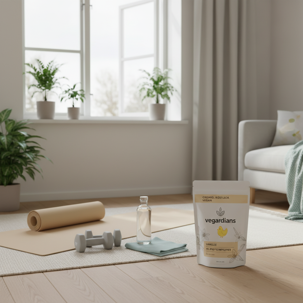 Skandinavisches Wohnzimmer mit Yogamatte, Kurzhanteln und Vegardians-Produkt neben dem Fenster als Motiv für gesund abnehmen