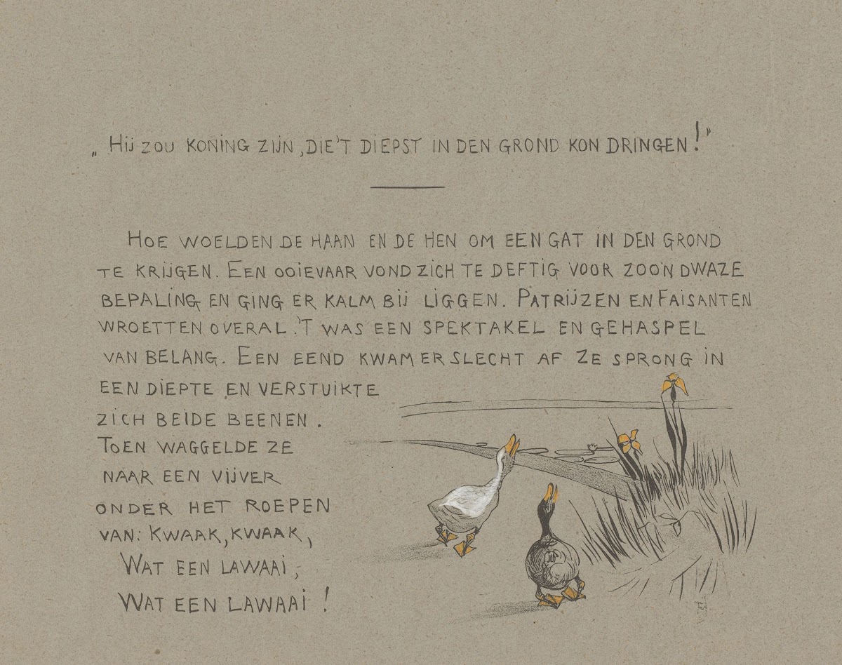 Tekstblad met een en gans aan de waterkant 1892