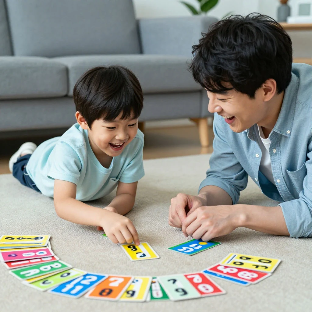 초등학생 아이와 부모가 함께 수학 카드 게임을 즐기며 수학에 흥미를 붙이는 모습