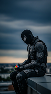 Cinematic Dark Figure Holding Rubik's Cube on Rooftop at Dusk