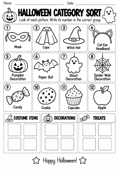 Halloween Sort by Category Worksheet