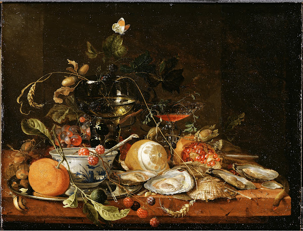 Still Life with Wine Fruit and Oysters