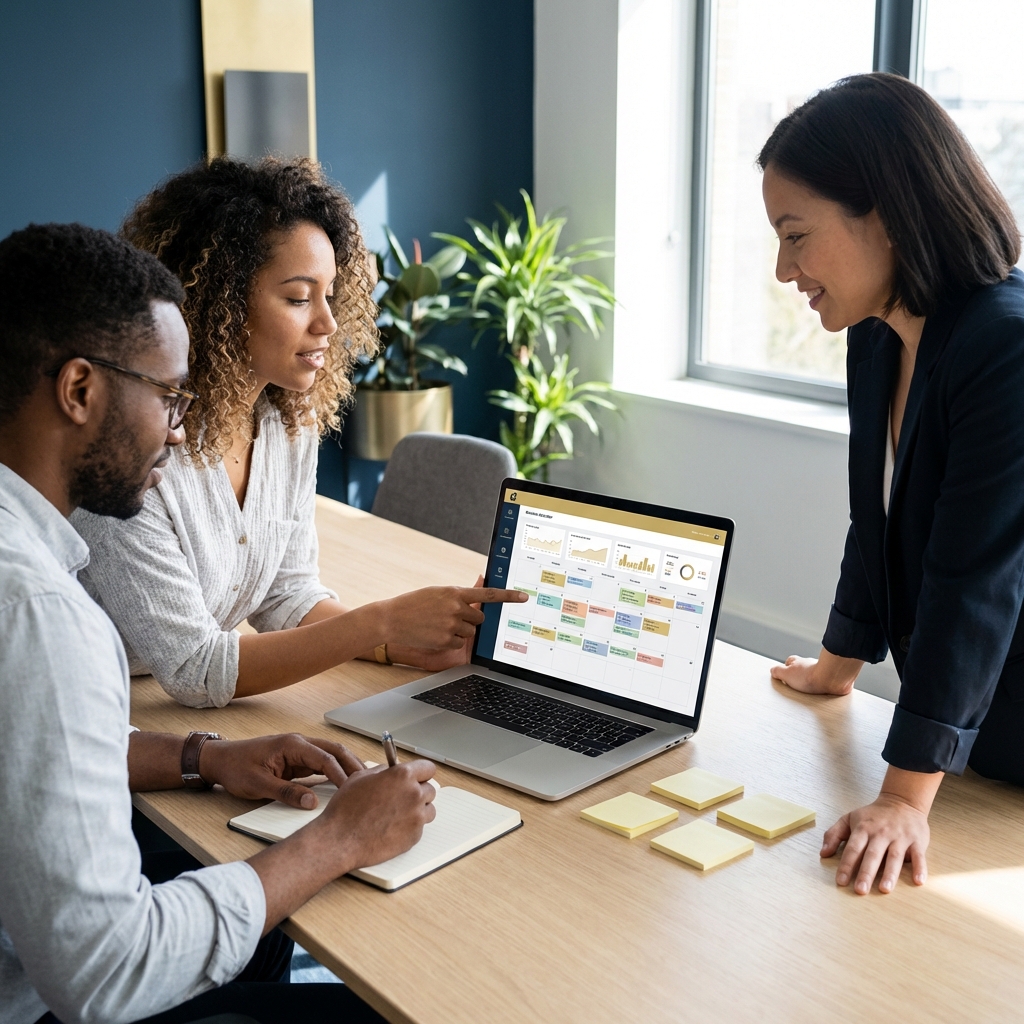 Small team reviewing a content calendar and analytics on a laptop in a clean minimal office setting content marketing and seo