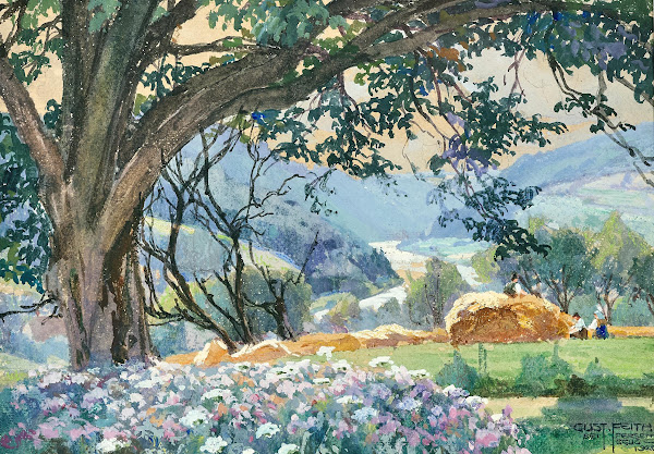 Hay harvest and flowering shrubs near Persenbeug upon Danube river 1920