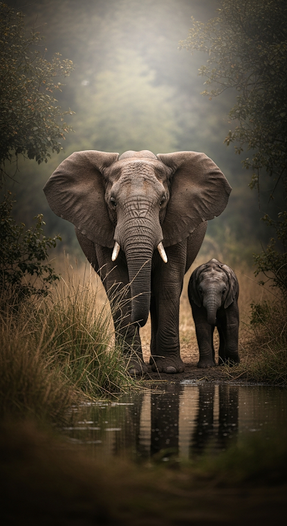 Elephant Mother Calf Watering