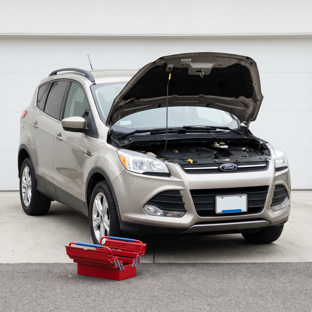 Used Ford parked in a clean driveway with open hood and mechanic toolkit nearby clear VIN visible minimalist CarFax Deals aesthetic illustrating best time to buy a Ford