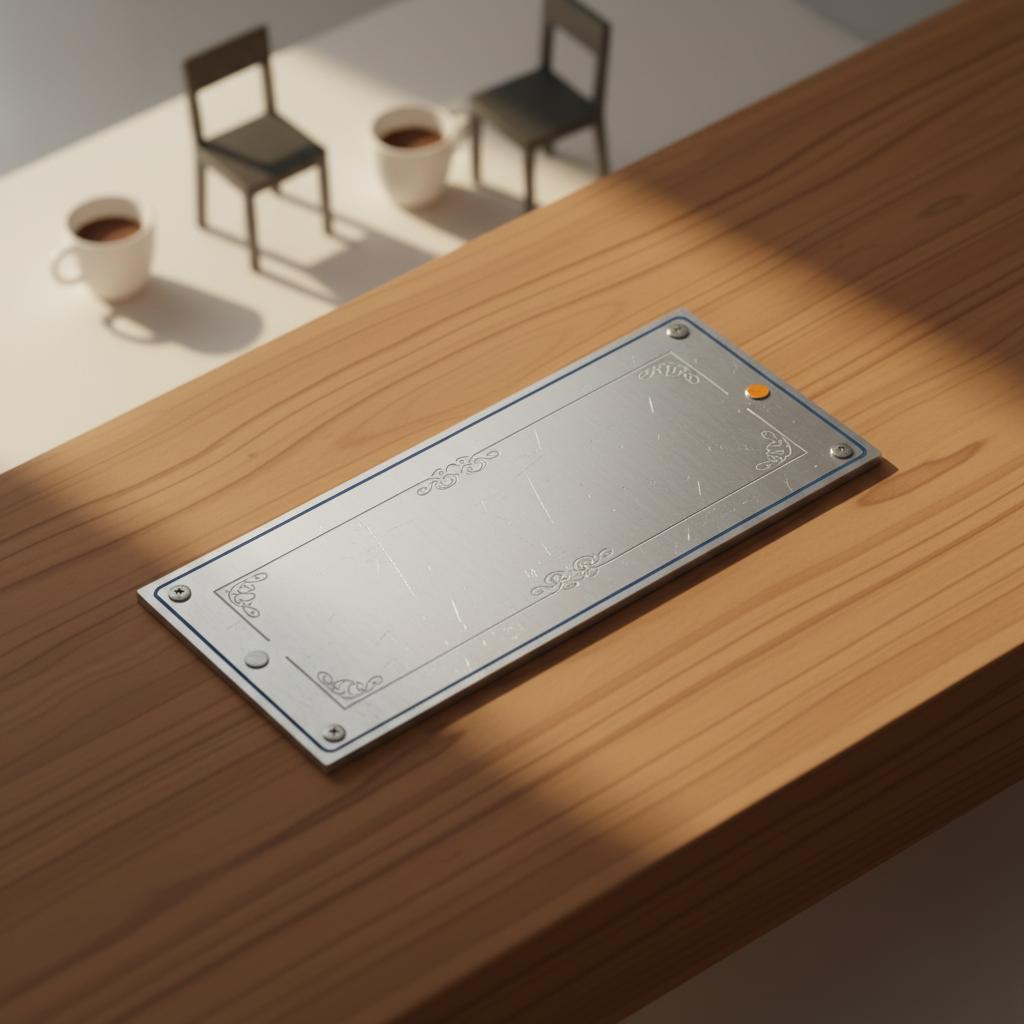 Nahaufnahme einer personalisierten Metalltafel auf Holz mit feiner Gravur und warmem Licht, stilvolle Vektor-Illustration – geschenk zur standesamtlichen trauung