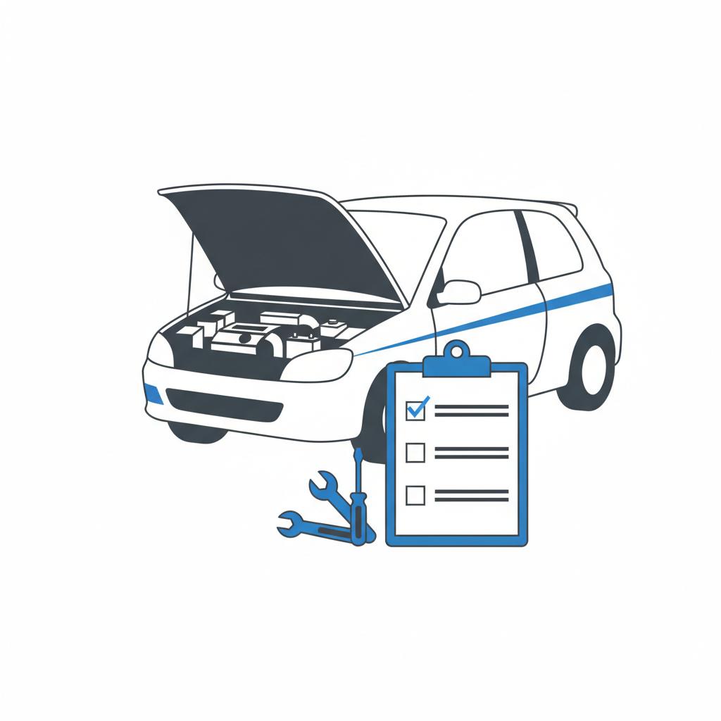 Minimalist vector of an open car hood with clipboard checklist and tools in foreground representing repossessed cars for sale inspection