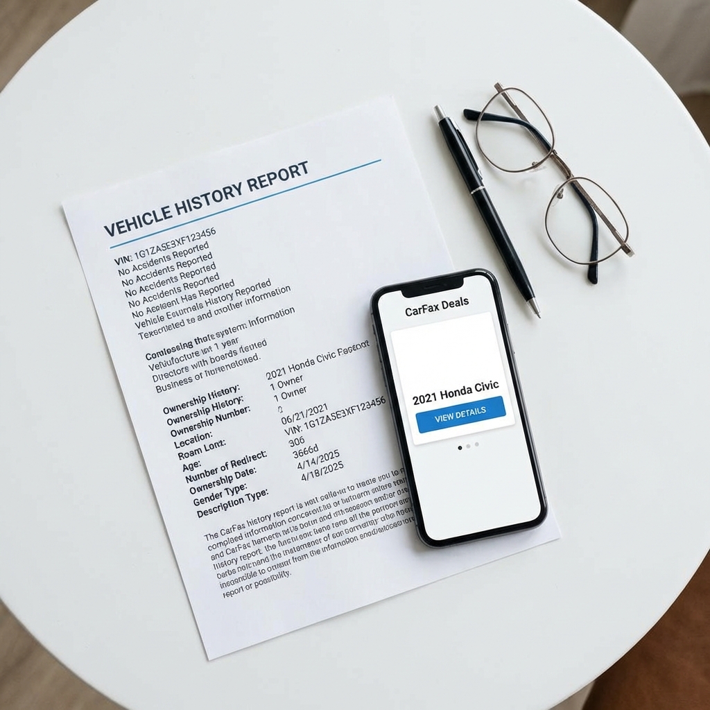 Close up of vehicle history report printout and smartphone listing on a white table for suv used cars for sale minimalist layout with 3666ed accents