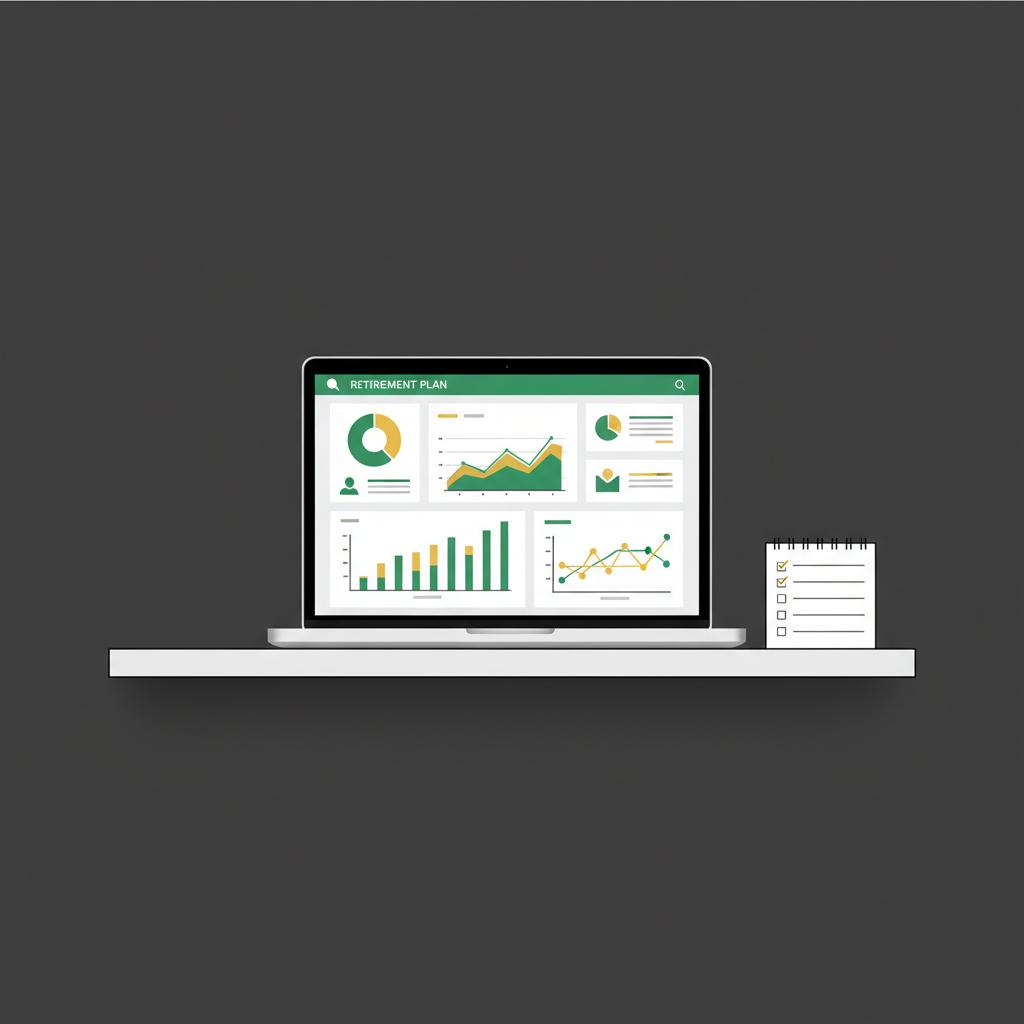 Minimalist 2D vector laptop and notepad showing abstract retirement plan dashboard with clean charts and checkbox notepad in brand colors, financial independence tips