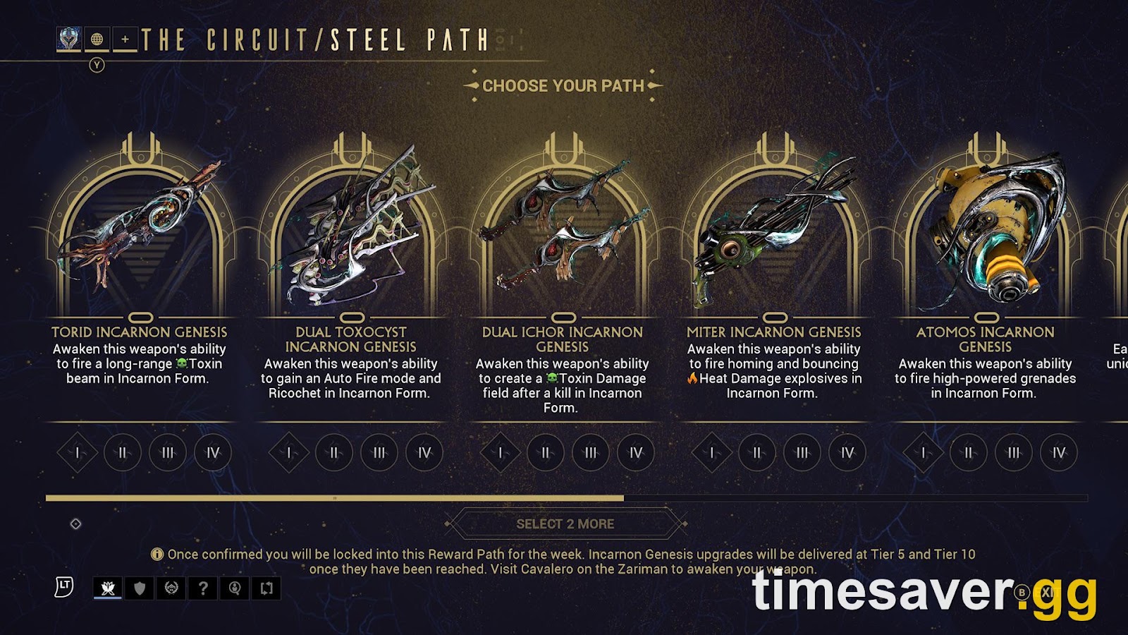 The Steel Path Circuit reward screen in Warframe showing Torid Incarnon Genesis as a selectable adapter