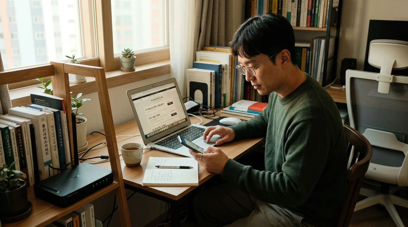 서재 데스크에서 통신사 약정 만료 조건과 신규 가입 혜택을 꼼꼼히 비교하는 한국인