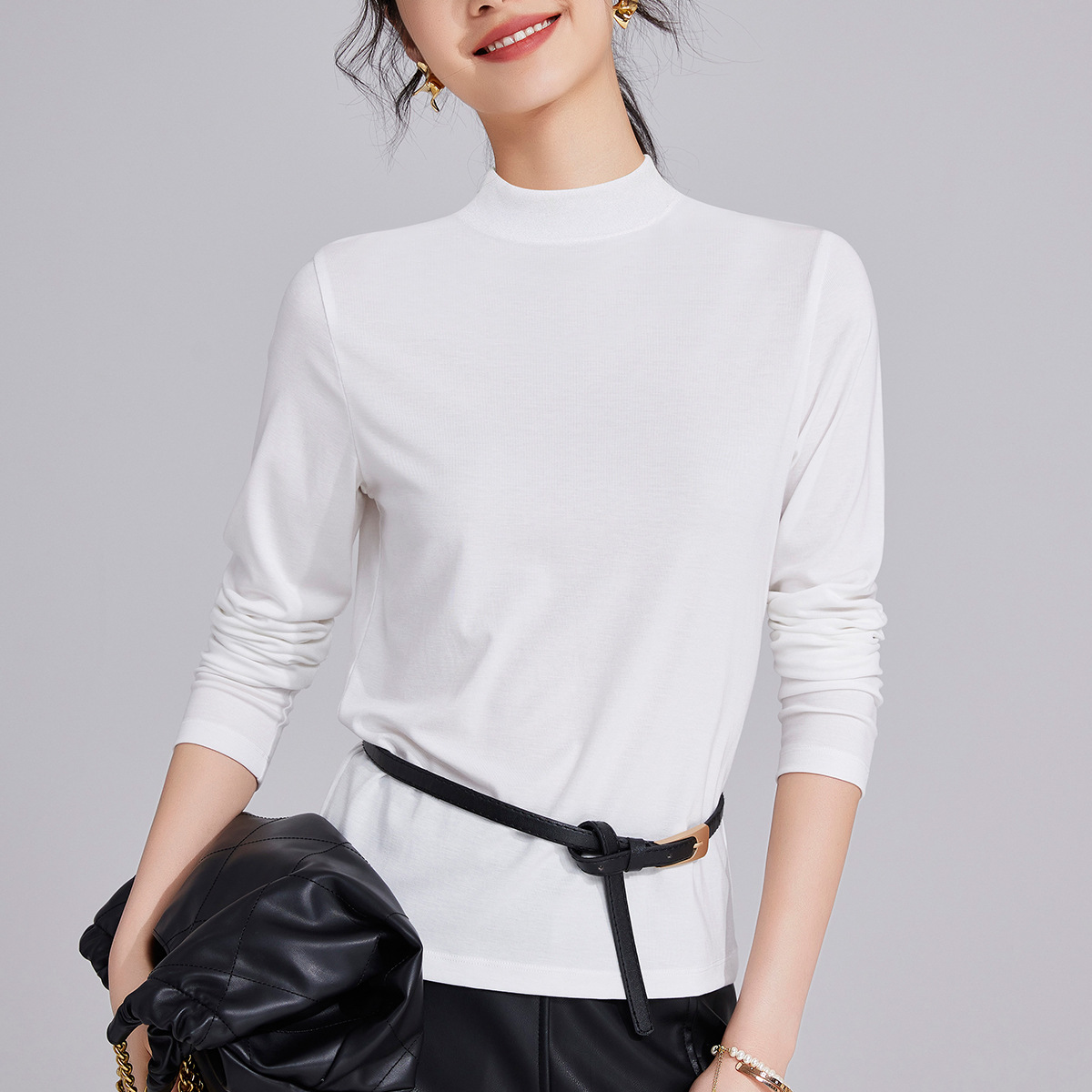 Wool blend long sleeve shirt with stand-up collar