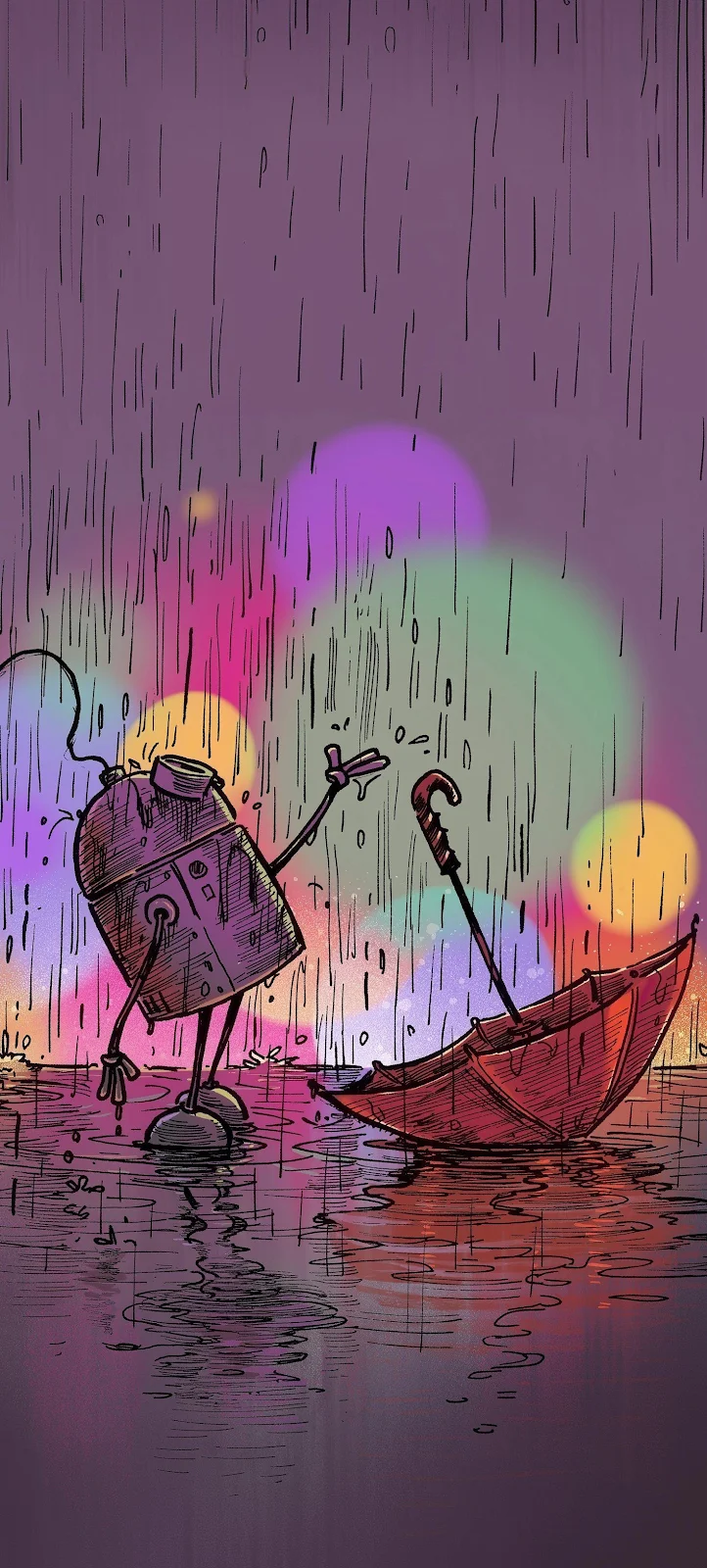 Lonely Robot In Colorful Rain - Digital Illustration 2K iPhone Wallpaper (1472x3264)