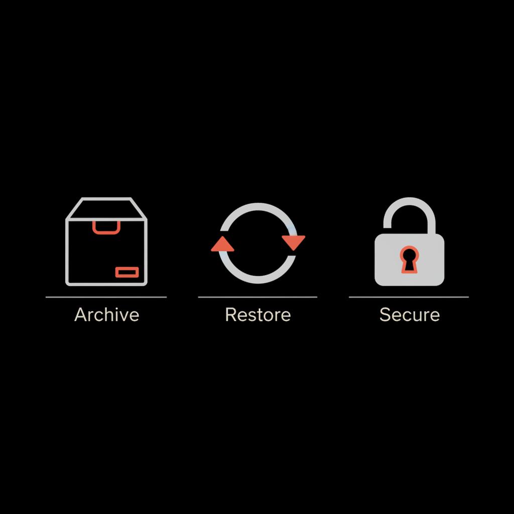 Minimal infographic with archive box, sync arrows and lock icons on black background illustrating steps to restore my inbox emails