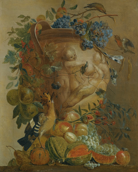 A Still Life Of Melons Grapes Peaches And Other Fruits In A Stone Urn With Birds