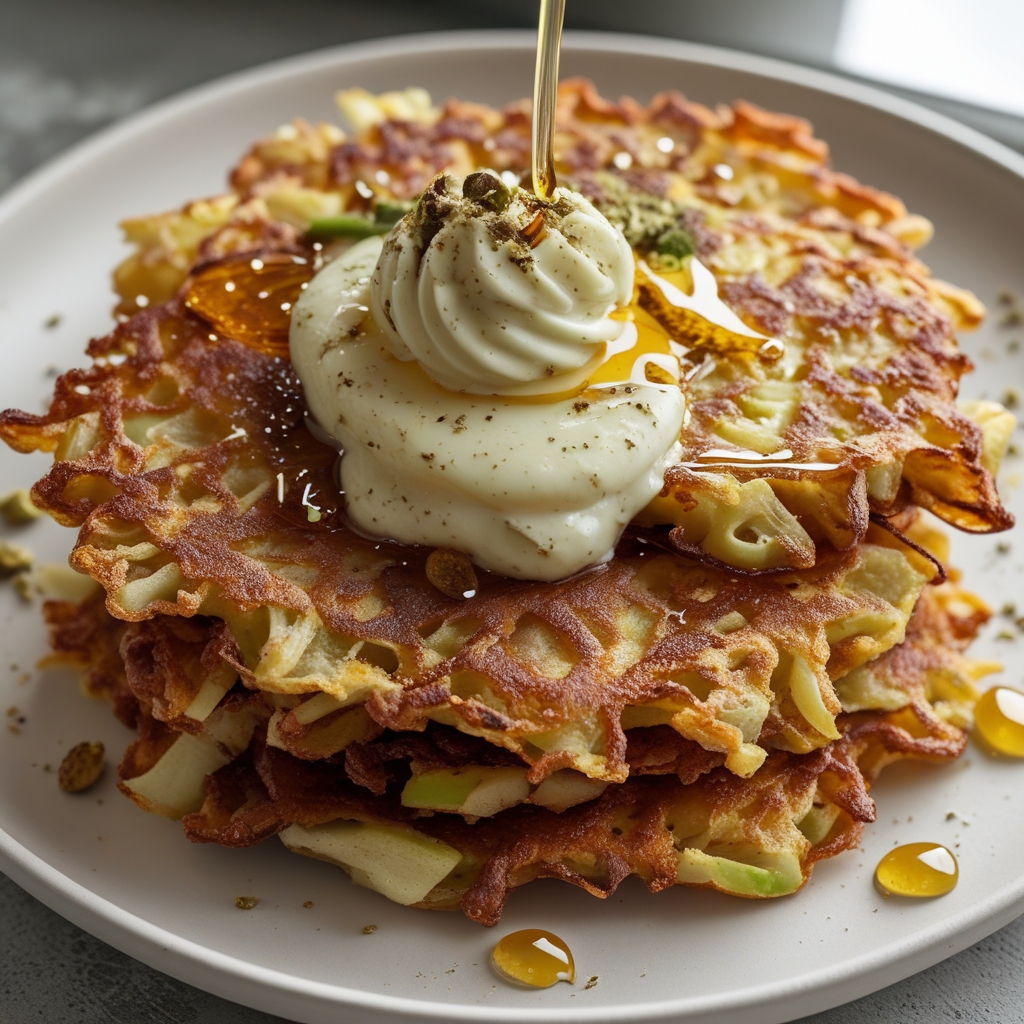 Final Fiery Celeriac & Apple Fritters with Zingy Pistachio-Herb Labneh & Golden Hot Honey Drizzle