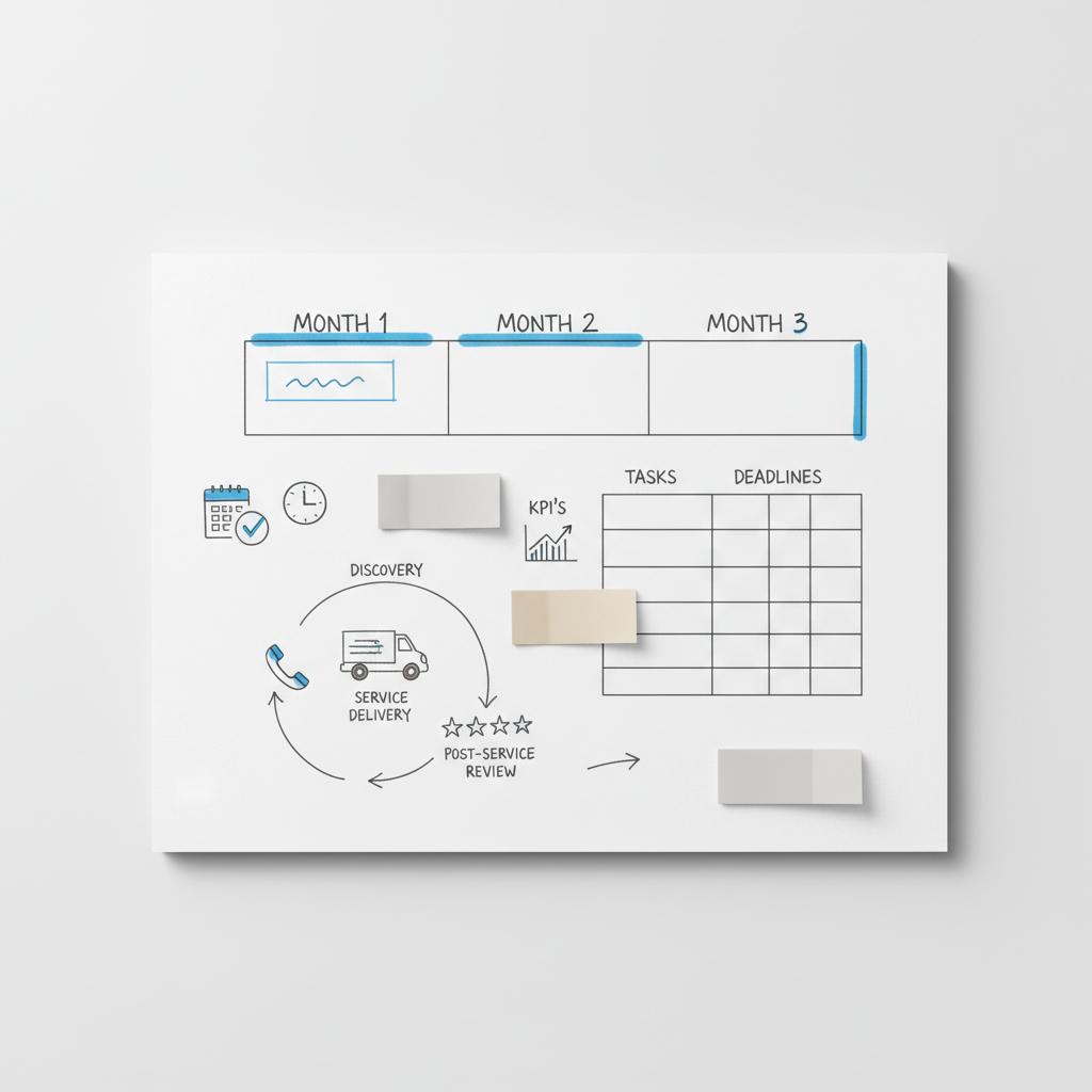 Planner top-down with 90-day timeline sketches for a plumbing business: phone, van, review stars and a simple grid &mdash; how do plumbers find clients?