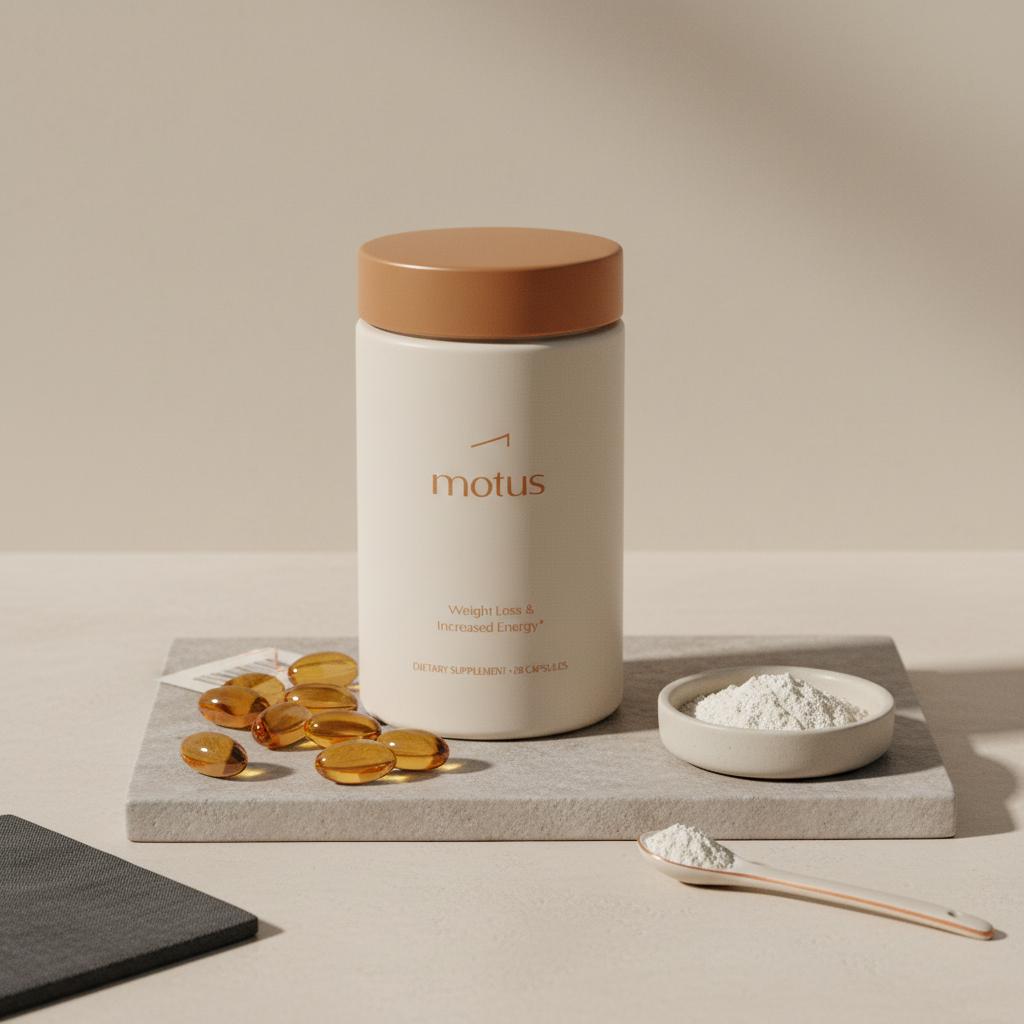 Minimalist still-life of a Tonum supplement container on stone with scattered omega-3 capsules and a small dish of powdered amino acid, evoking clinical quality and trust — neurotransmitter supplements