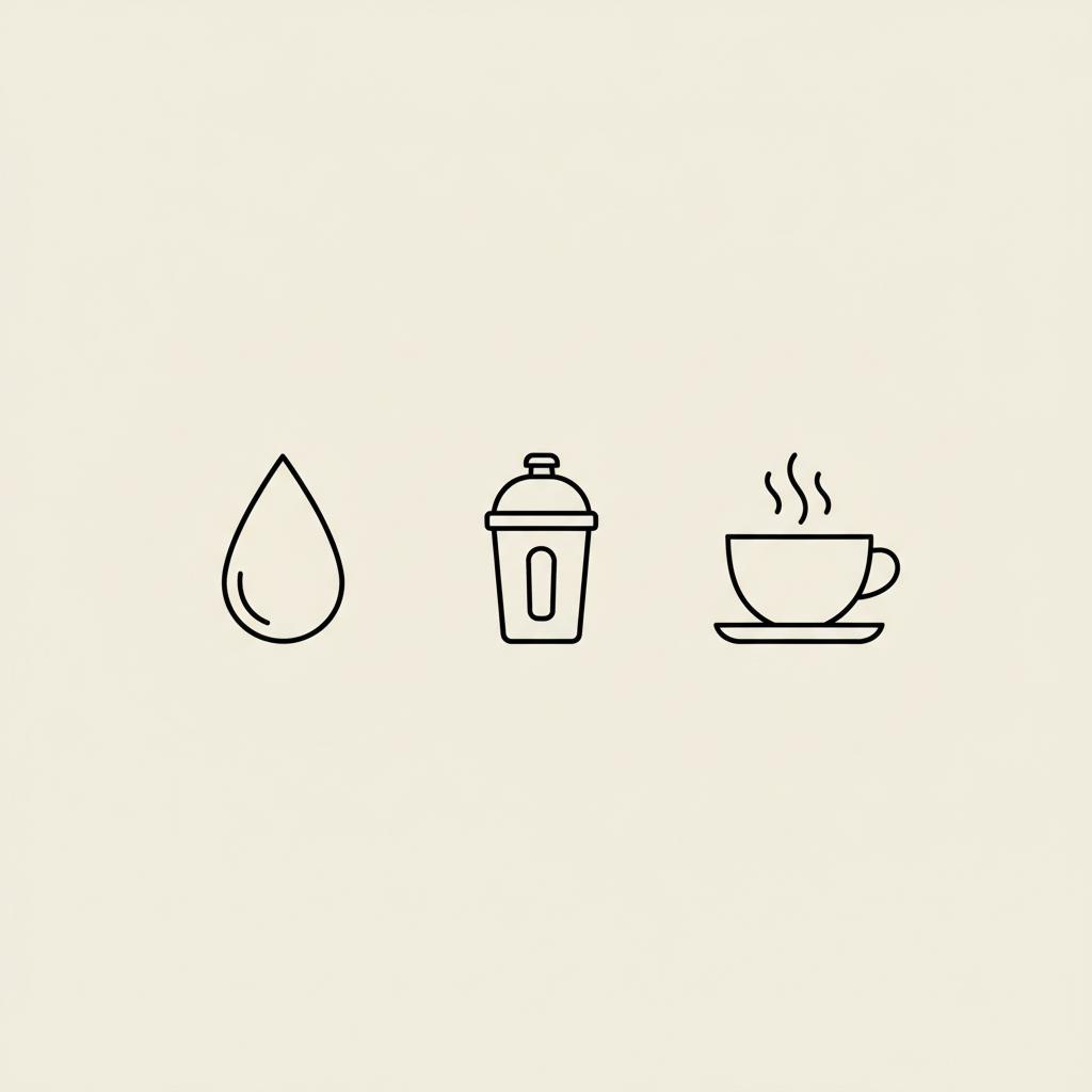 Minimal Tonum-style line illustration of a water droplet, protein shake bottle, and tea cup on beige background — what drink stops sugar cravings