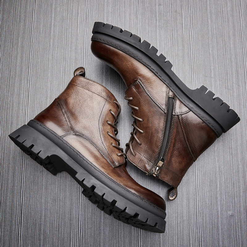 Men's lace-up cowhide leather vintage-style boots