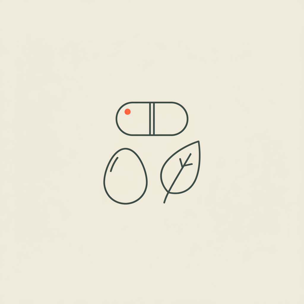 Minimalist 2D vector line illustration of a capsule, egg, and leaf on a beige background representing B12 deficiency weight loss and nutrition.