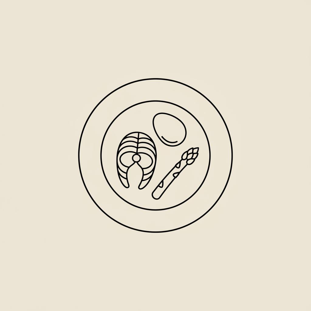 Minimalist line illustration of a plate with a fish fillet, egg, and asparagus on a beige background to represent foods that help increase GLP-1 naturally.