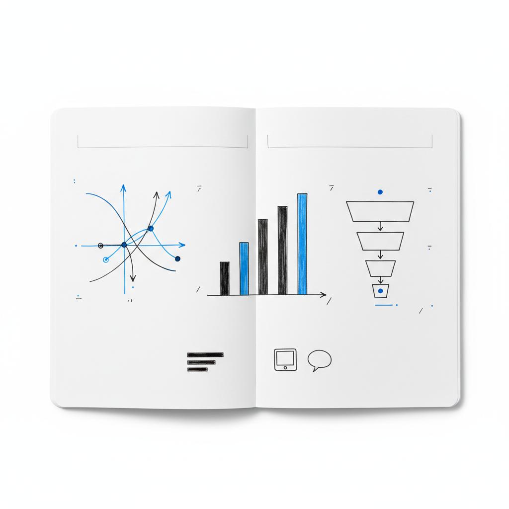 Which physician is most in demand? notebook-style spread with minimalist ink sketches of specialty demand charts, supply-demand curve, proof bars, and screenshot and quote icons on white background with #39383f ink and #1a5bfb accents