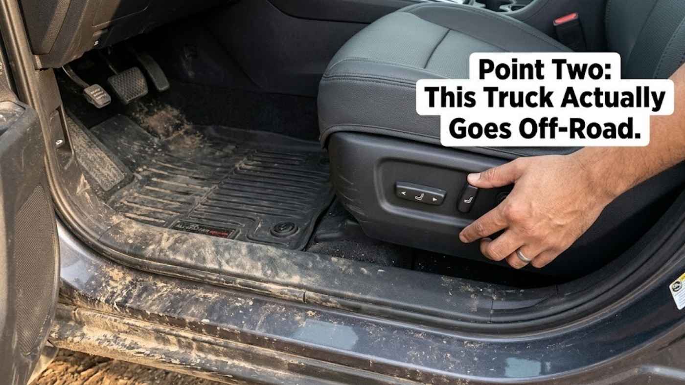Muddy door sill and front seat of a 2027 Toyota Tundra TRD Pro after off-road use