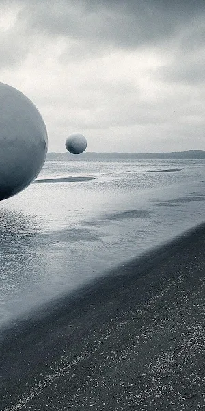 Surreal, Spheres, Beach, Monochrome 2K Wallpaper Background