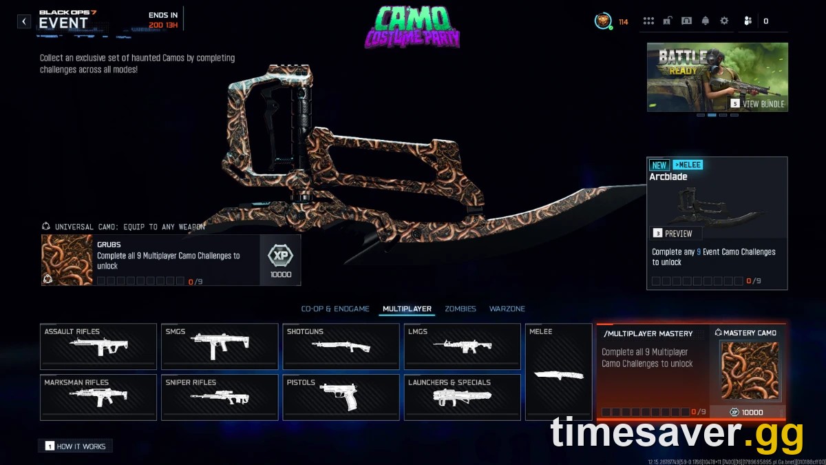 BO7 Camo Costume Party Grubs mastery camo on the Arcblade melee weapon