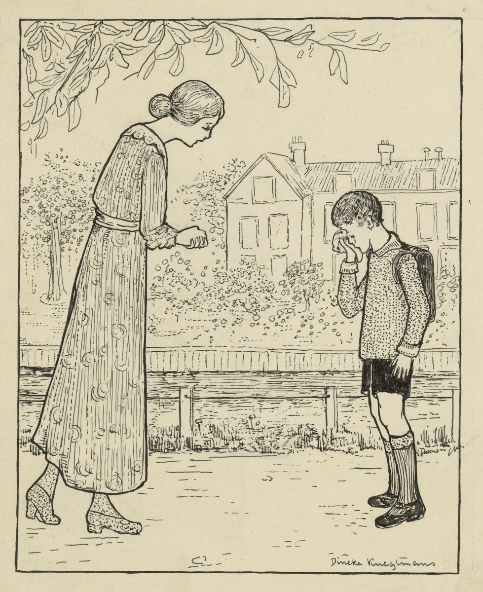Vrouw Buigt Zich Naar Een Huilende Jongen 1919 1930