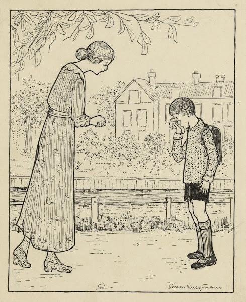 Vrouw Buigt Zich Naar Een Huilende Jongen 1919 1930