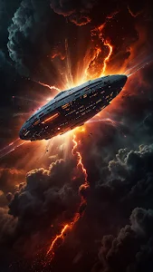 Spaceship Emerging from Fiery Cosmic Storm