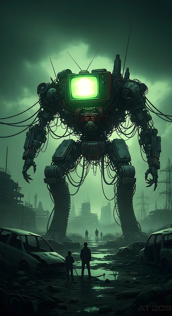 Dystopian TV Head Mech in Ruined Cityscape
