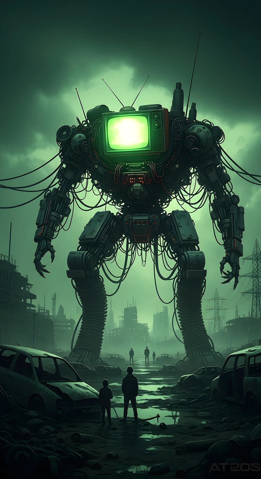 Dystopian TV Head Mech in Ruined Cityscape - Free 4K mobile Wallpaper