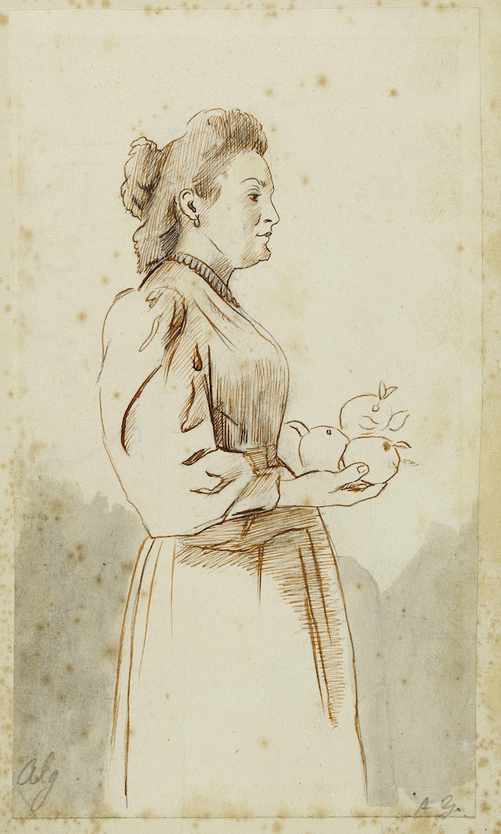 Femme de profil vers la droite tenant trois oranges 1896