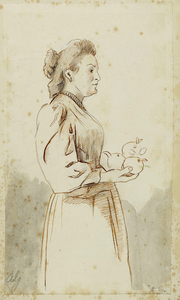 Femme de profil vers la droite tenant trois oranges 1896