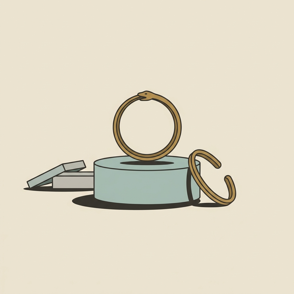 Minimalist 2D vector of an ouroboros snake ring on a small pedestal with a minimal bracelet and conservation safe storage box on warm beige background