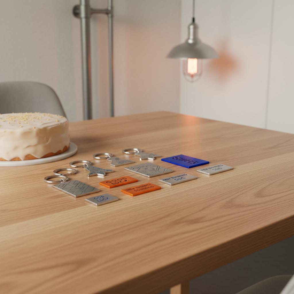 Nahaufnahme eines Esstisches mit kleinen Abschiedsgeschenken (Schlüsselanhänger, Metallplatten) und Vanillekuchen im Steelmonks-Stil – abschiedsgeschenk für kollegen