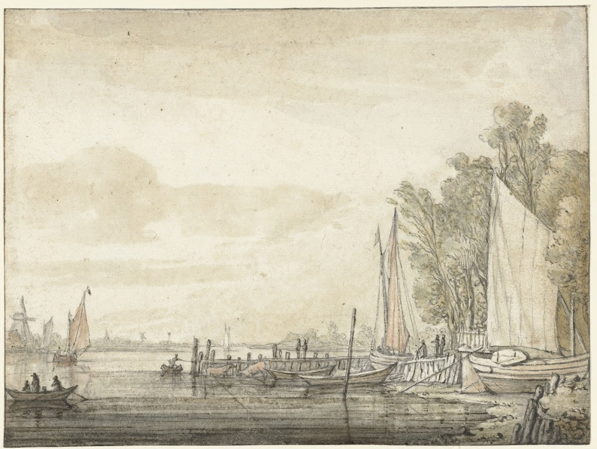 Boten bij een steiger in een rivier 1641   1642
