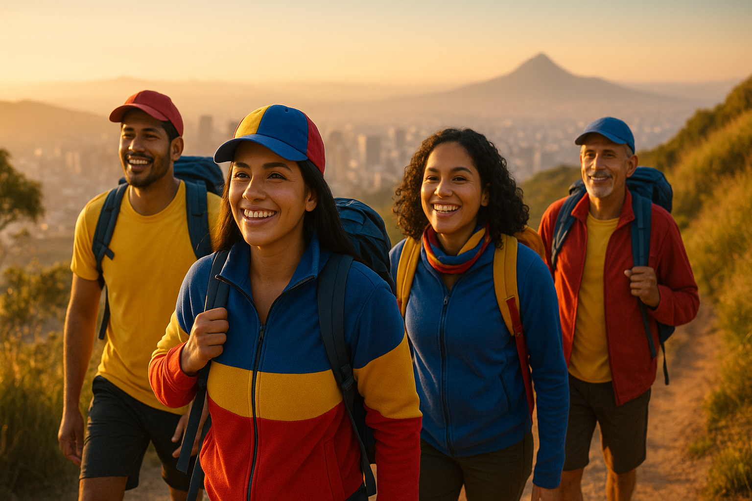 Venezolanos migrantes caminando en grupo de senderismo al amanecer