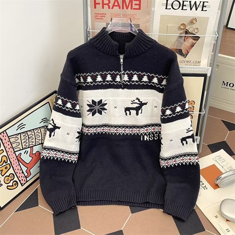 Knitted pullover with half zipper